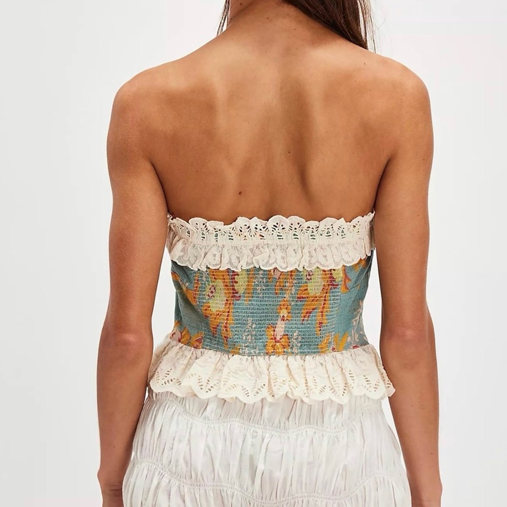 Free People Dolly Floral Lace Tube Bustier Crop Top Ocean Blue Size S NWT $128 - Picture 3 of 8